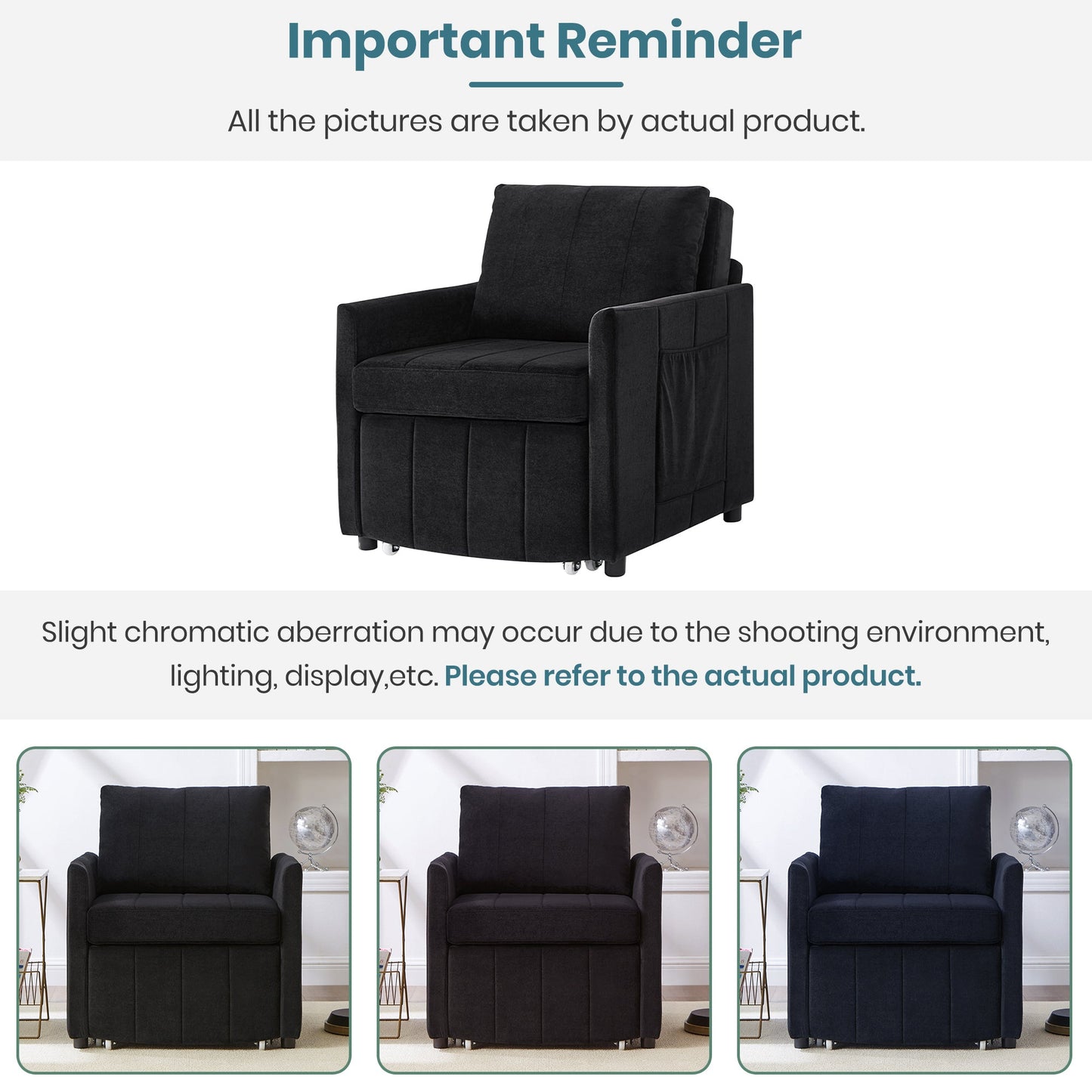 NEW Black Chenille Upholstered Convertible Sleeper Sofa with 5-Position Backrest Side Pockets Storage