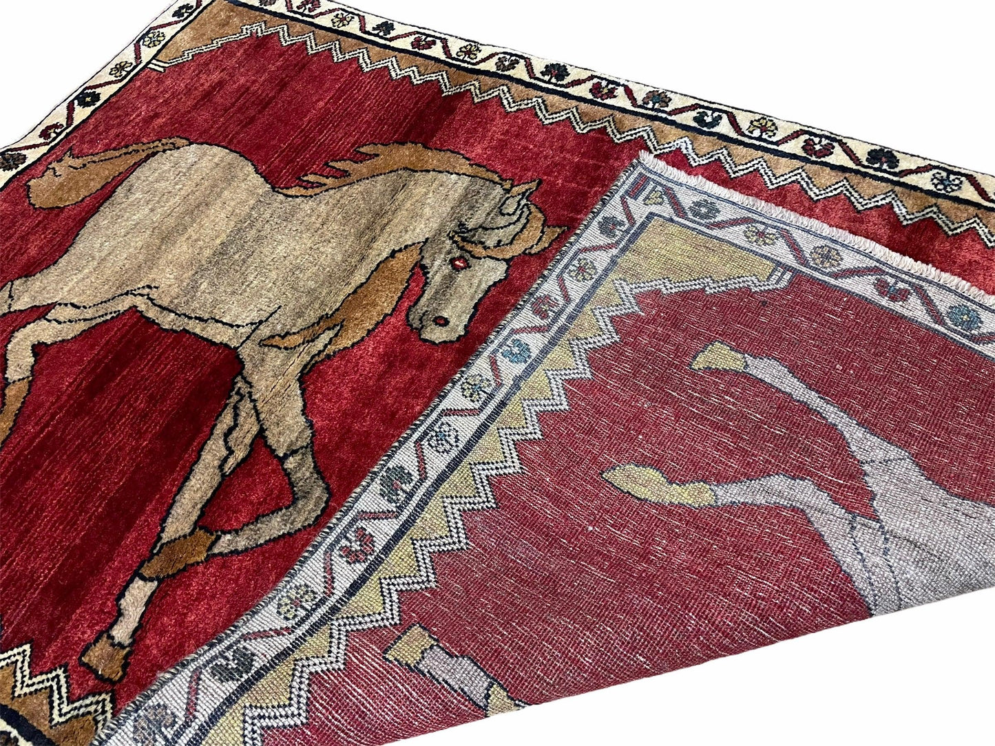 USED 4 X 6 Handmade Hand-Knotted New Vintage Rug Wool Horses Red Organic Dyes Tribal
