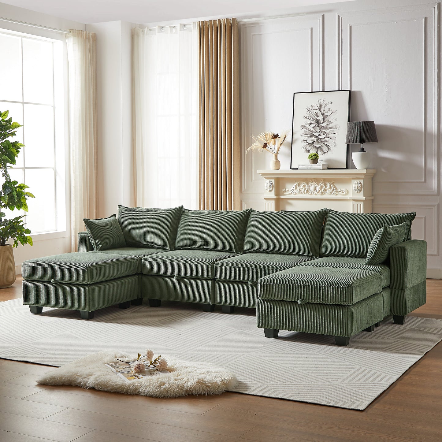 NEW 113.5'' Modular Sectional Corduroy U Shaped Sofa Couch with Storage Ottoman 6 Seat Convertible Sections and Chaise