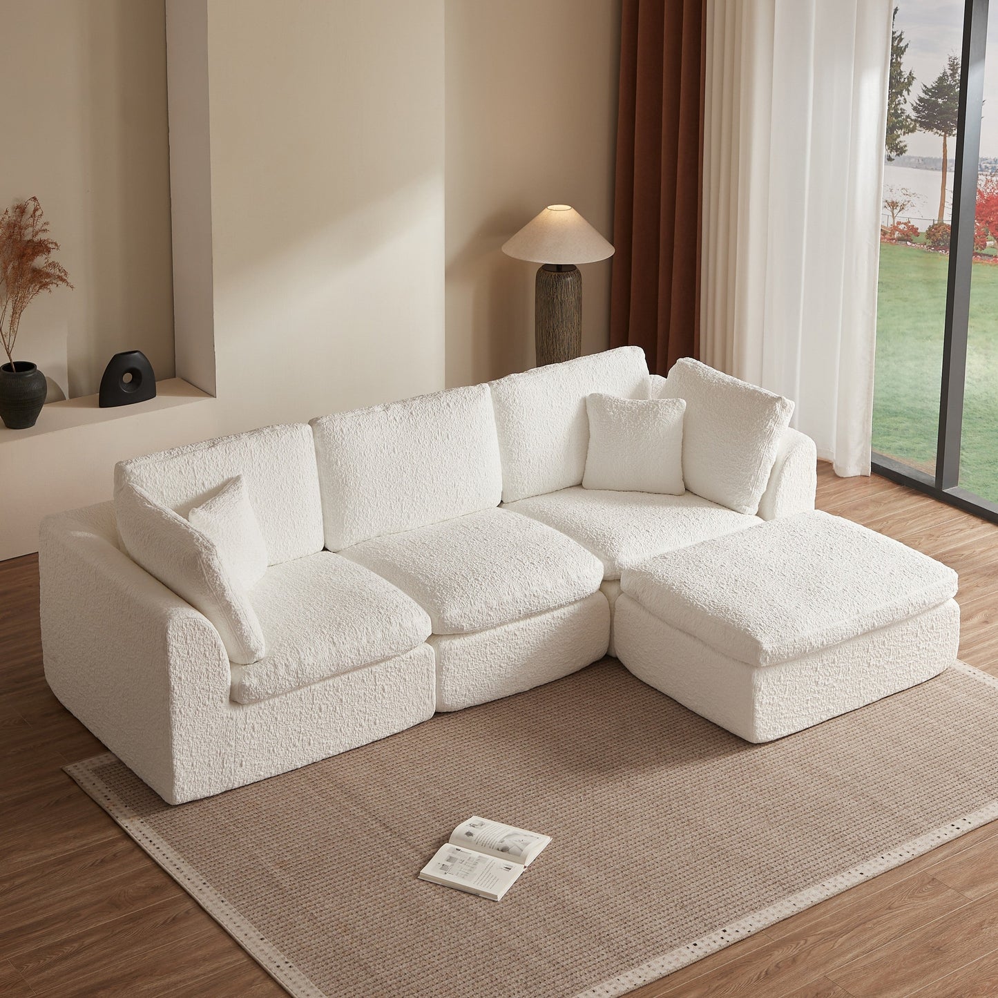 NEW Cloud Style 3 Seater Convertible Couch Warm White, Chenille Fabric L-Shape Modular