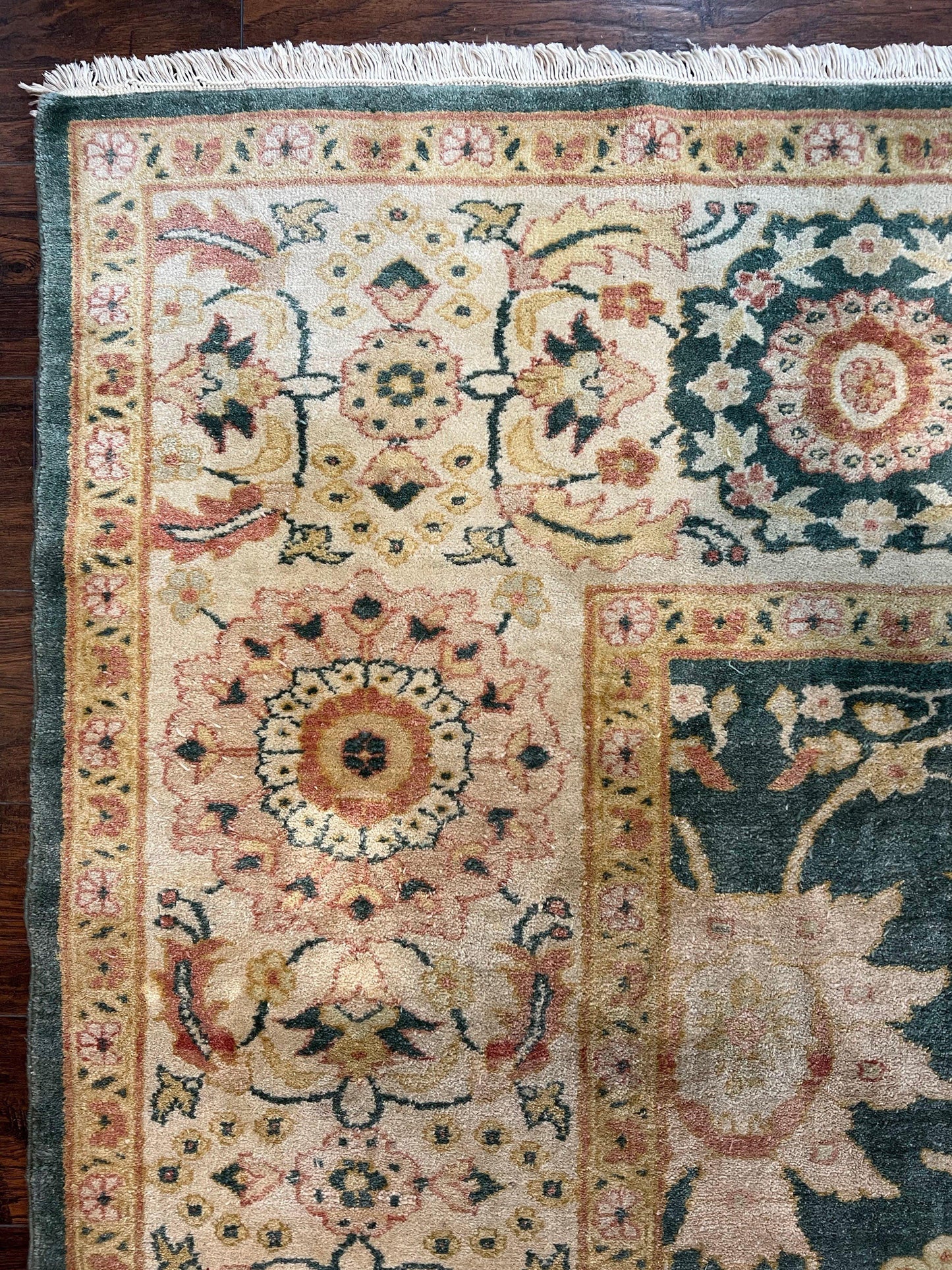 USED Egyptian Mahal Rug 10x14, Large Vintage Floral Hand Knotted Wool Carpet 10 x 14, Dark Green and Beige Traditional Handmade Persian Area Rug