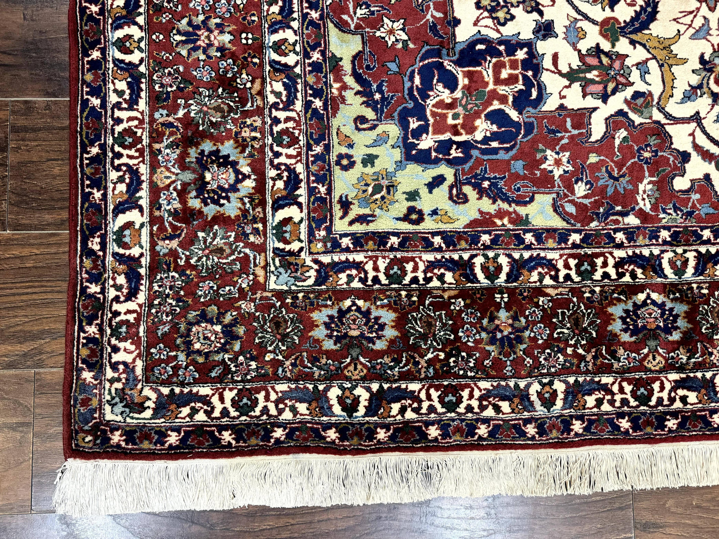 USED Wonderful Persian Isfahan Rug 7x9, Ivory Navy Blue Red, Floral Medallion, Very Finely Hand Knotted 260 KPSI, Handmade Wool Vintage Rug