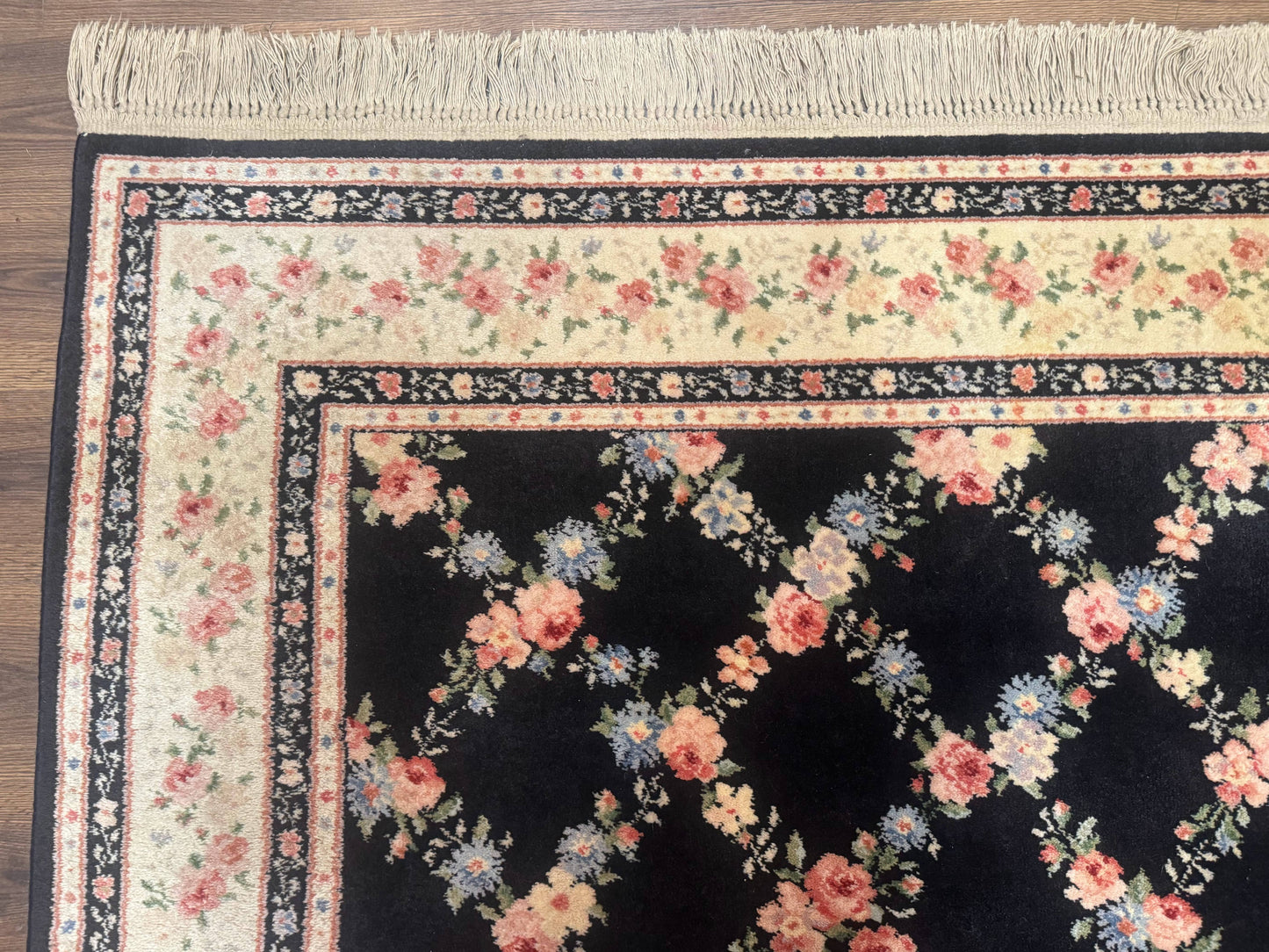 USED 8.8 x 12 Karastan Garden of Eden Rug, Ebony Trellis #509/1270, Black, Floral, Wool Pile, Vintage, Discontinued