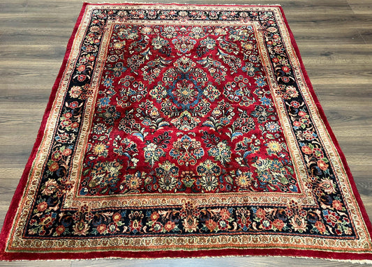 USED Rare Persian Almost Square Rug 6.3 x 5.3, Hand Knotted Wool Antique 1920s Sarouk Oriental Carpet, Red Navy Blue Beige, Floral Allover, 5x6 Area Rug