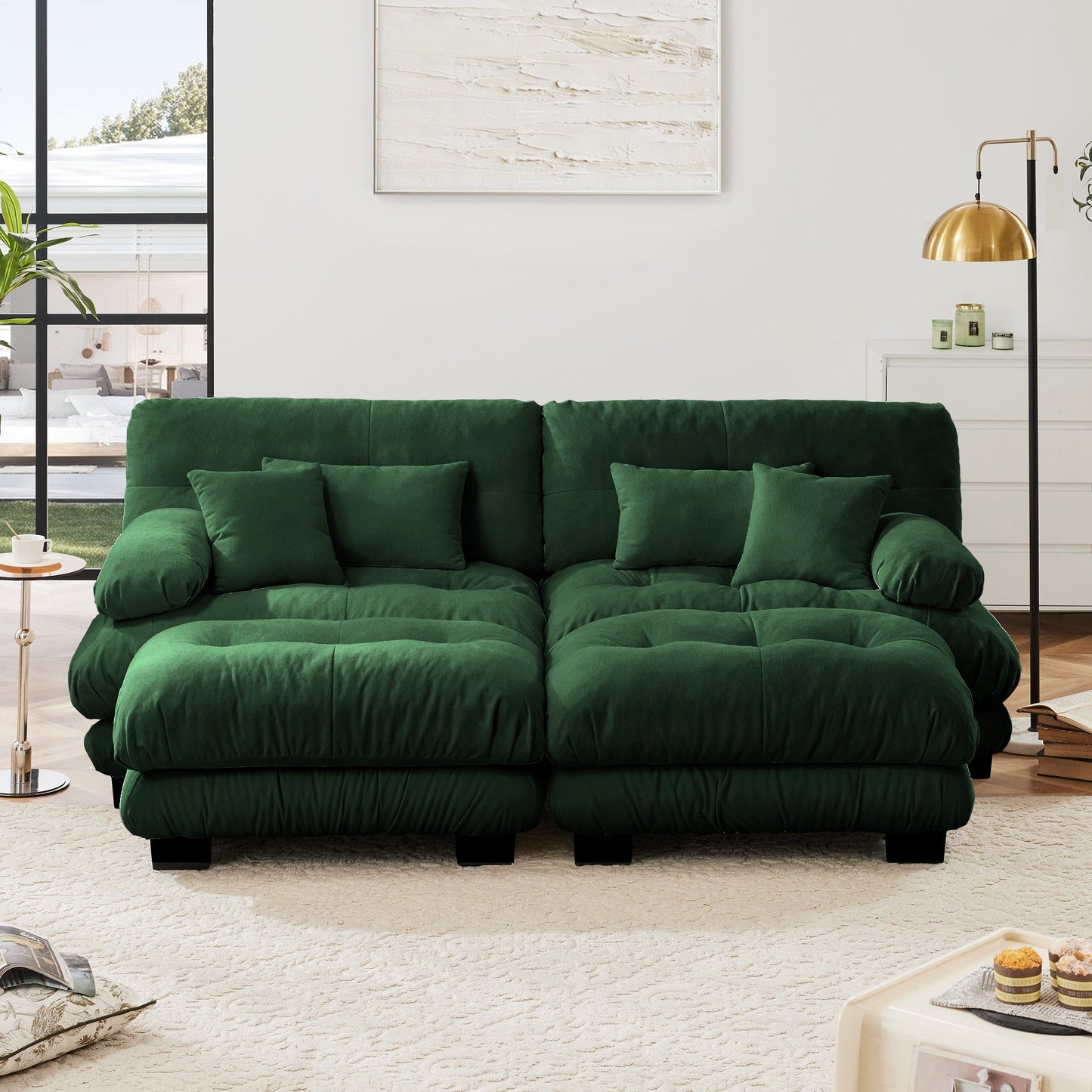 NEW Cloud Couch Sleeper Sofa for Living Room, Chenille 2 Seater sofa with 2 Lumbar pillows and 2 throw pillows , Upholstered Wide Arm Sofa with 2 Ottomans,Chenille Green