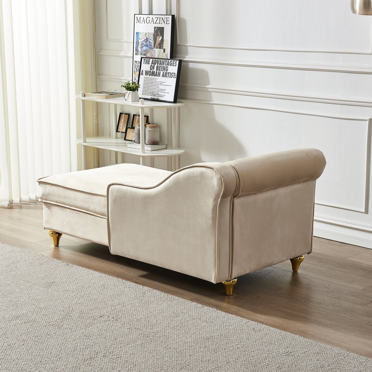 NEW Modern Beige Velvet Upholstered Chaise Lounge Chair with Storage
