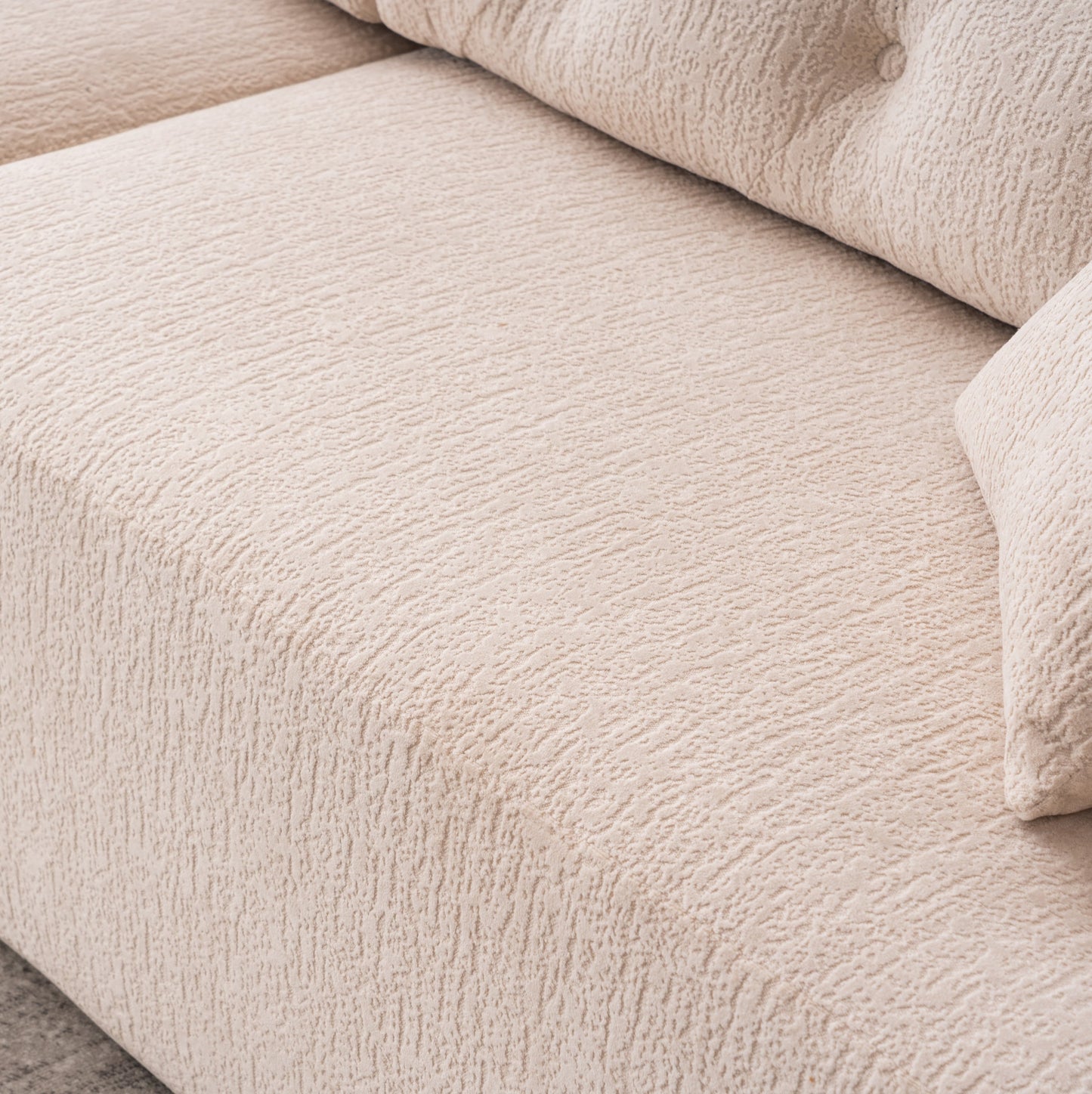 NEW LY-029 Apricot Compression Sofa 4-seater Wood Grain Chenille Fabric Couch with Two Pillows