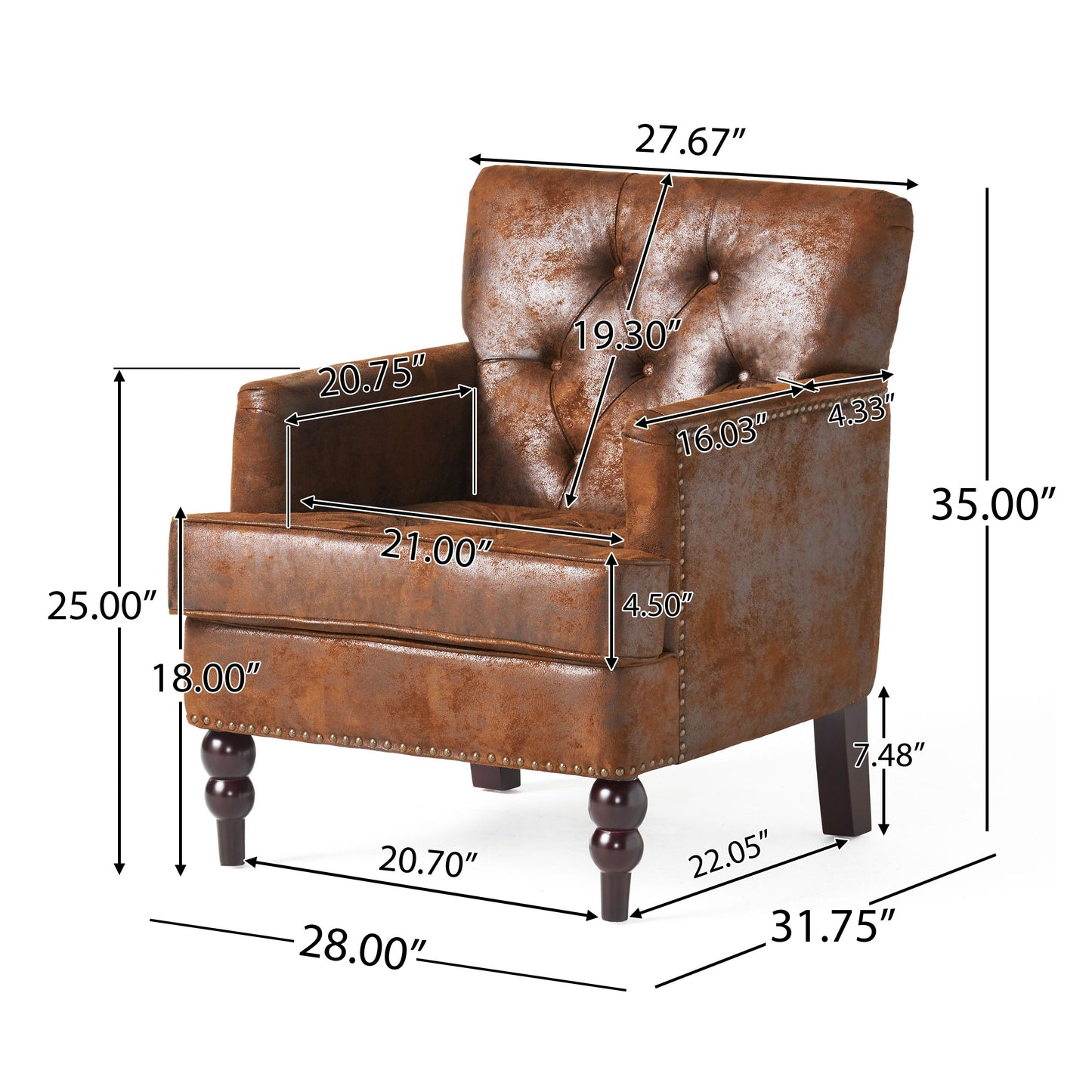 NEW Brown Vitality Club Chair with Button-tufted Diamond Stitching and Turned Legs