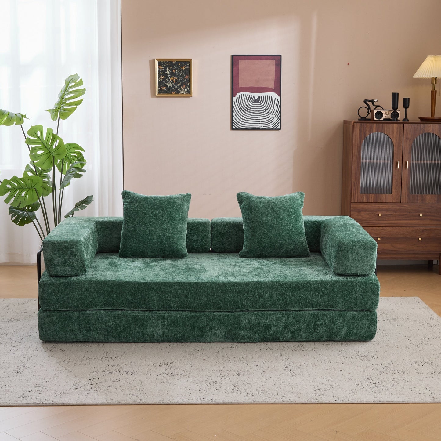 NEW Dark Green Chenille Fabric Floor Compression Convertible Sofa Bed