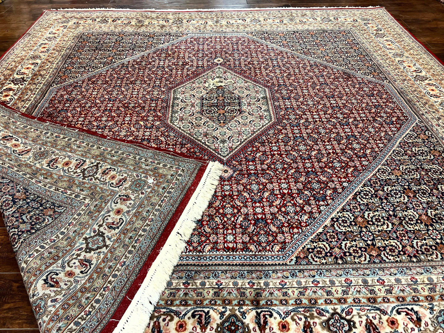 USED Square Indo Persian Bidjar Rug 10x10, Red, Handmade Vintage Wool Carpet