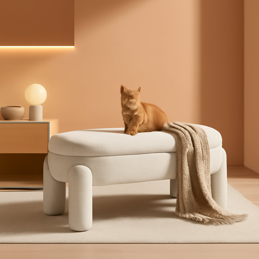 NEW 44.7-Inch White Boucle Upholstered Storage Ottoman Bench