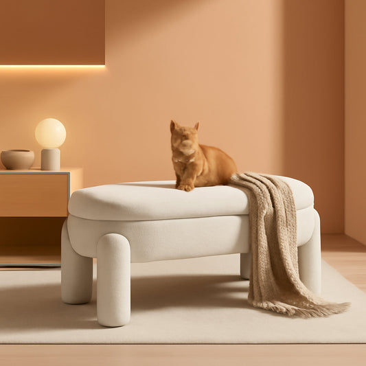 NEW 44.7-Inch White Boucle Upholstered Storage Ottoman Bench