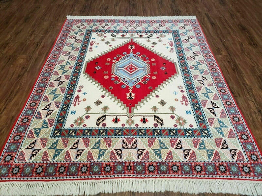USED Vintage Moroccan Carpet 5x7 Area Rug, Berber Rug, Handmade Soft Wool Rug, Red Ivory and Blue, Geometric Medallion Rug, Bohemian Rug, Nice
