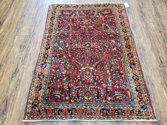 USED Antique Persian Sarouk Rug, Red, Allover Floral Pattern, Hand-Knotted, Wool, 3'4" x 4'10"