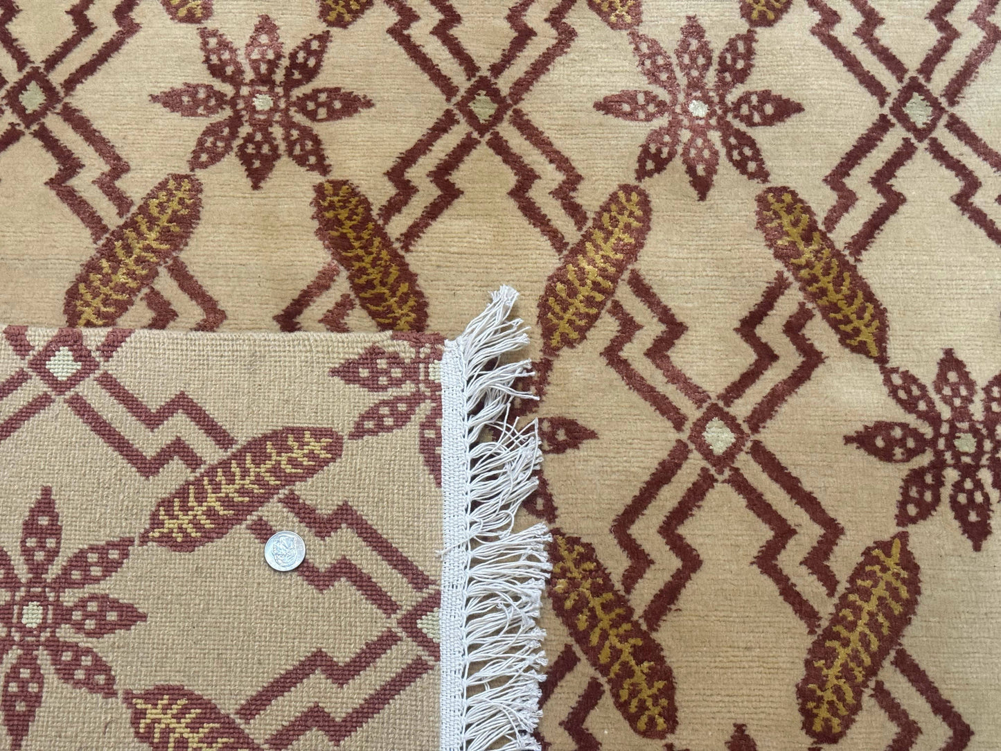 USED Tibetan Rug 8x10, Wool with Silk Highlights, Beige and Maroon, Contemporary Carpet