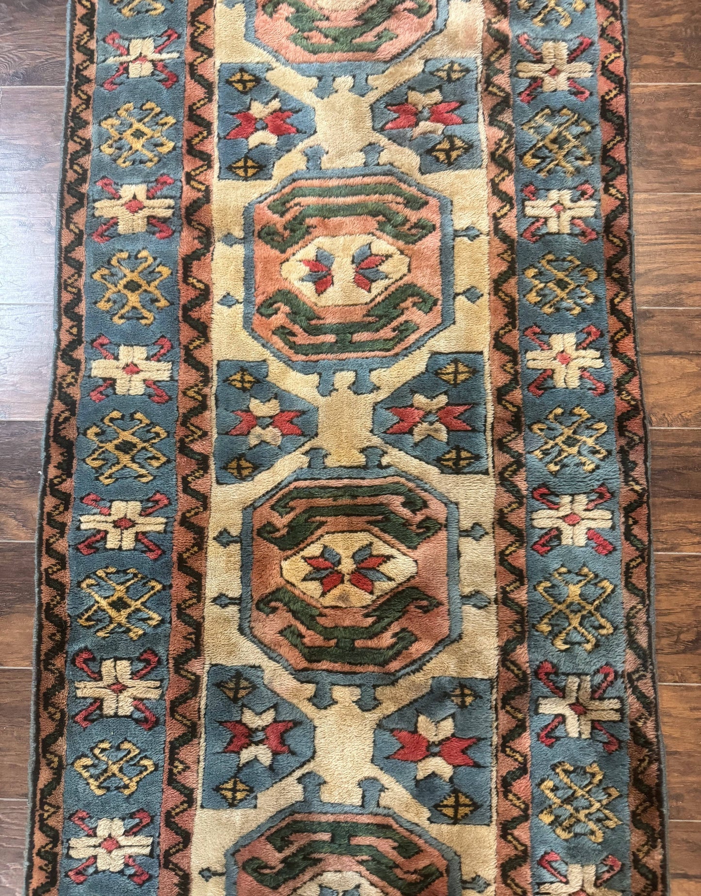 USED Turkish Kazak Runner Rug 3x11, Cream and Light Blue, Vintage
