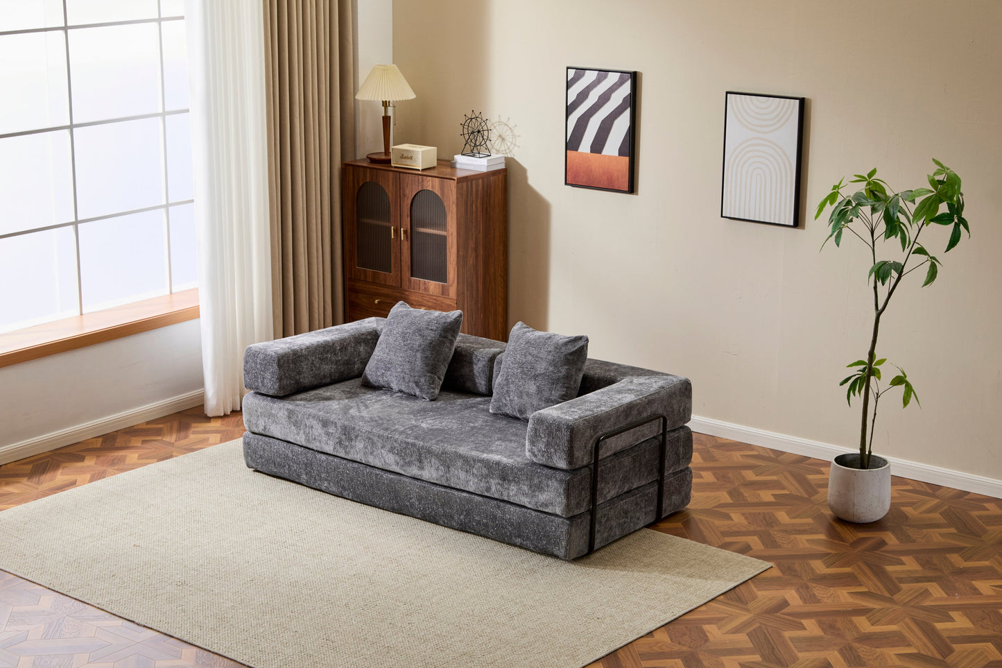 NEW Floor Couch,Compression Sofa,Convertible Floor Sofa Bed-with Pillow Back Support Armrest,Comfy Futon Couch Lounge Sleeper Bed,Chenile fabric,for Living Room Bedroom (DARK-GREY)