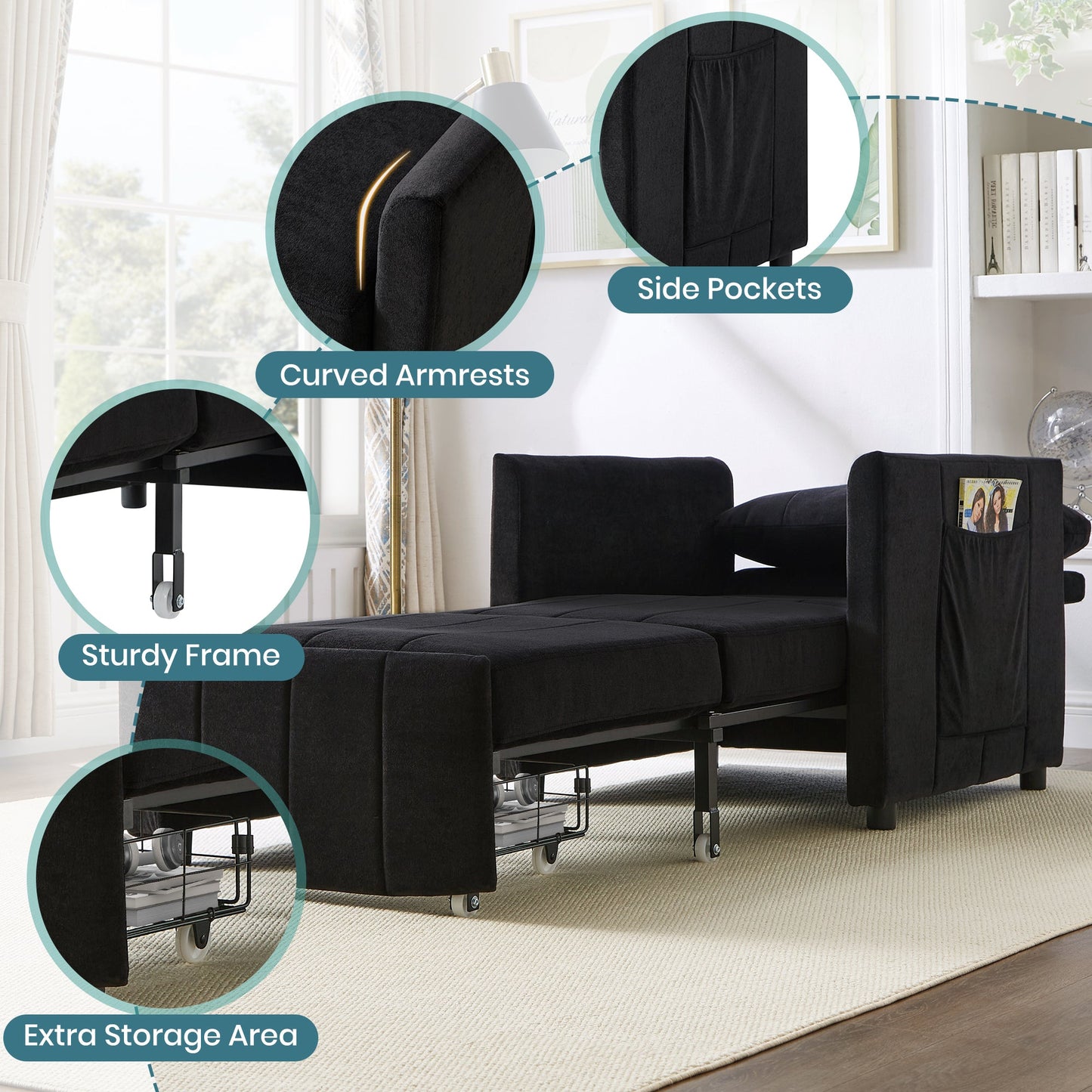NEW Black Chenille Upholstered Convertible Sleeper Sofa with 5-Position Backrest Side Pockets Storage