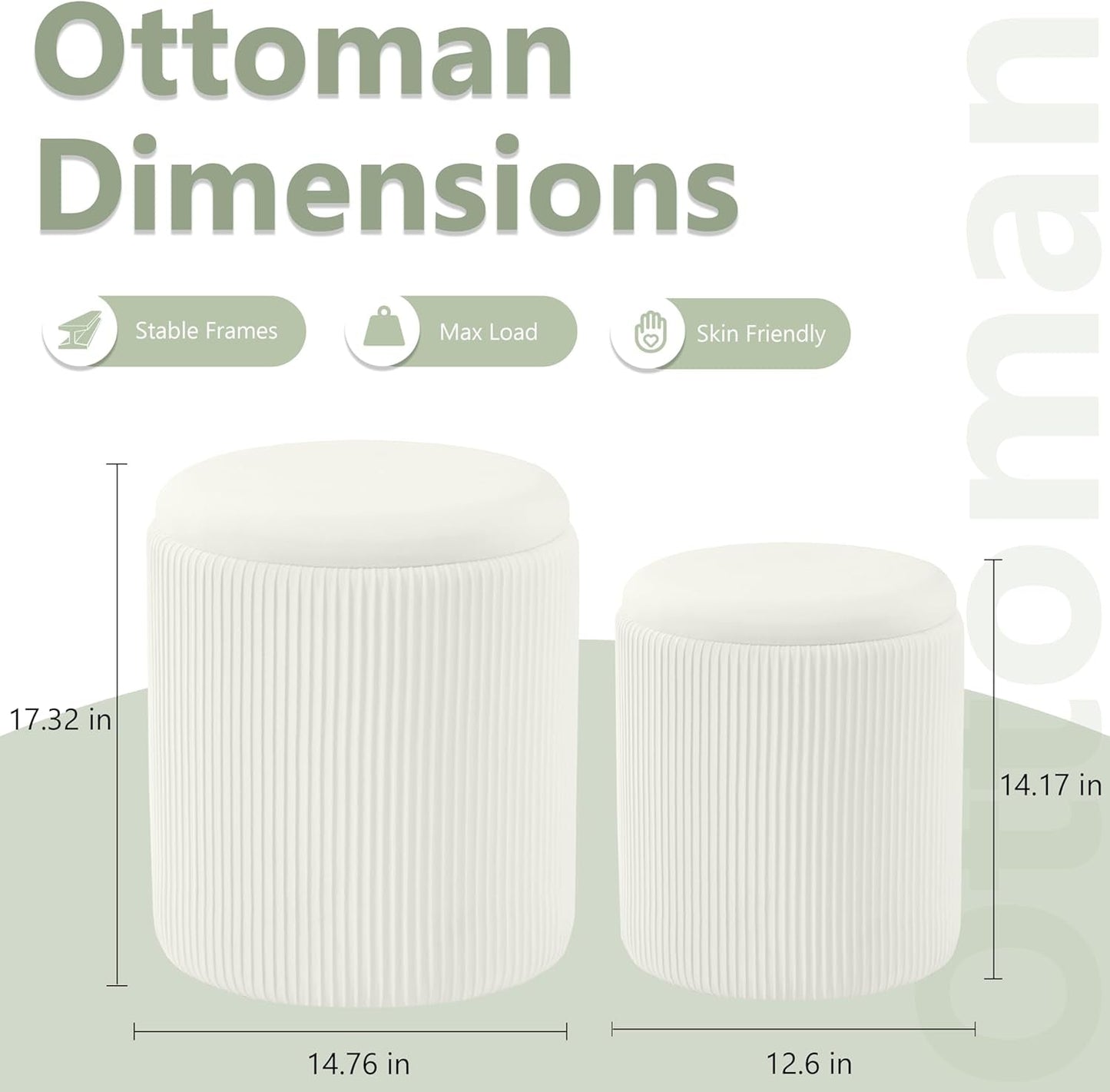 NEW Compact Round Velvet Storage Ottoman TwoPack White