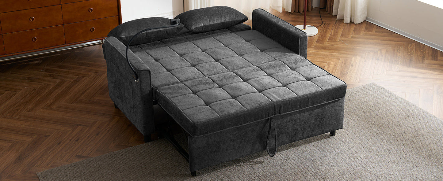NEW Contemporary 56.9' Loveseat Sofa Bed Sleeper with Reversible Backrest, Side Pockets, USB Ports, Phone Holder, Black Chenille