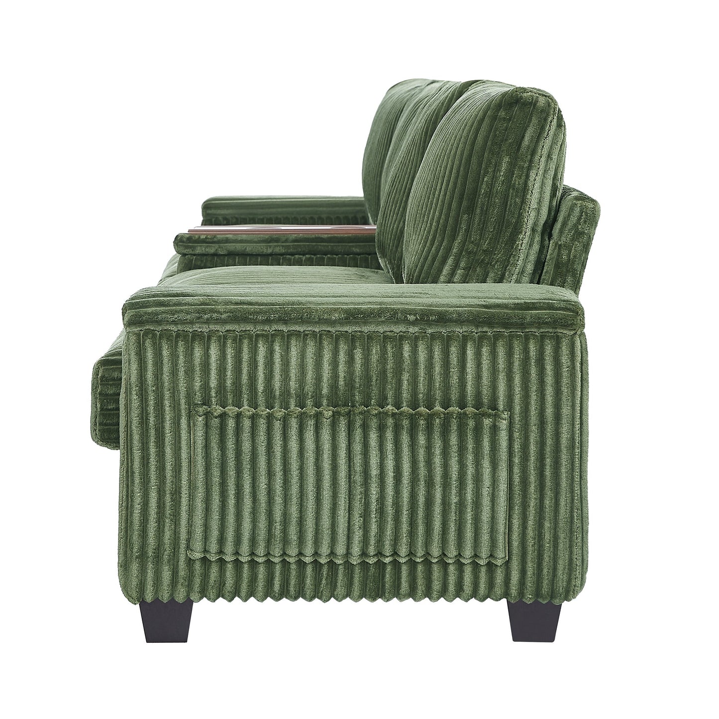NEW Modern 4-Seater Green Corduroy Sofa with USB Ports Hidden Storage Arms and Flip-Top Cup Holders