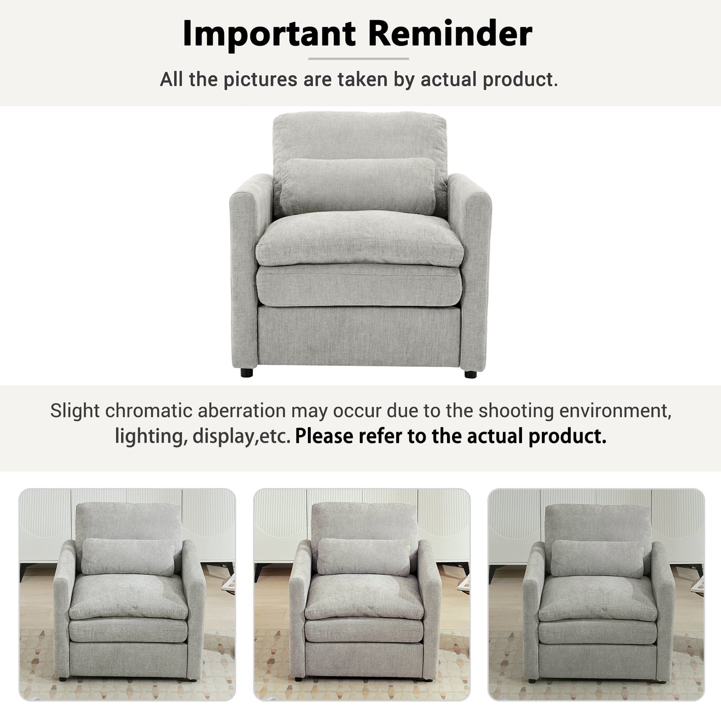 NEW Light Grey Chenille Cozy Upholstered Oversized Comfy Cloud Double Cushion Single Armchair Sofa