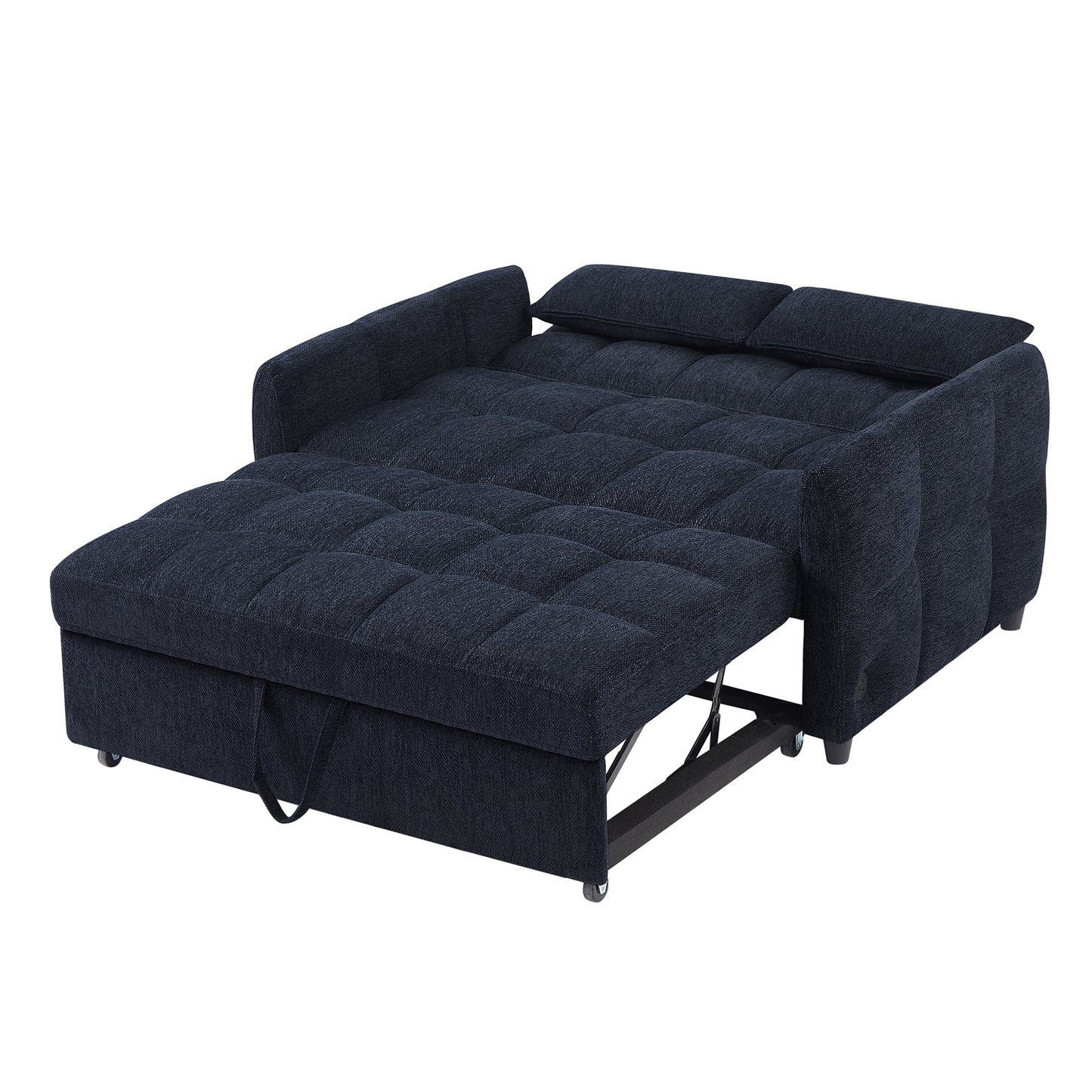 NEW Modern Loveseat Sofa Pull-out Bed with Adjustable Backrest, USB Ports, Lumbar Pillows, Blue Chenille, 52.8'