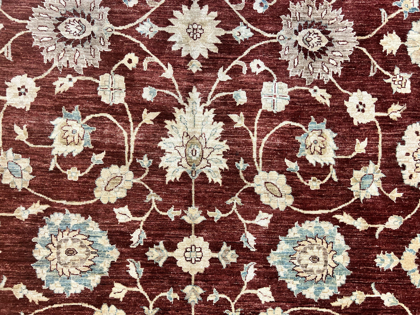 USED Peshawar Rug 9x11, Pakistani Oriental Carpet, Maroon and Beige, Floral Allover, Wool Hand Knotted Handmade Vintage Rug
