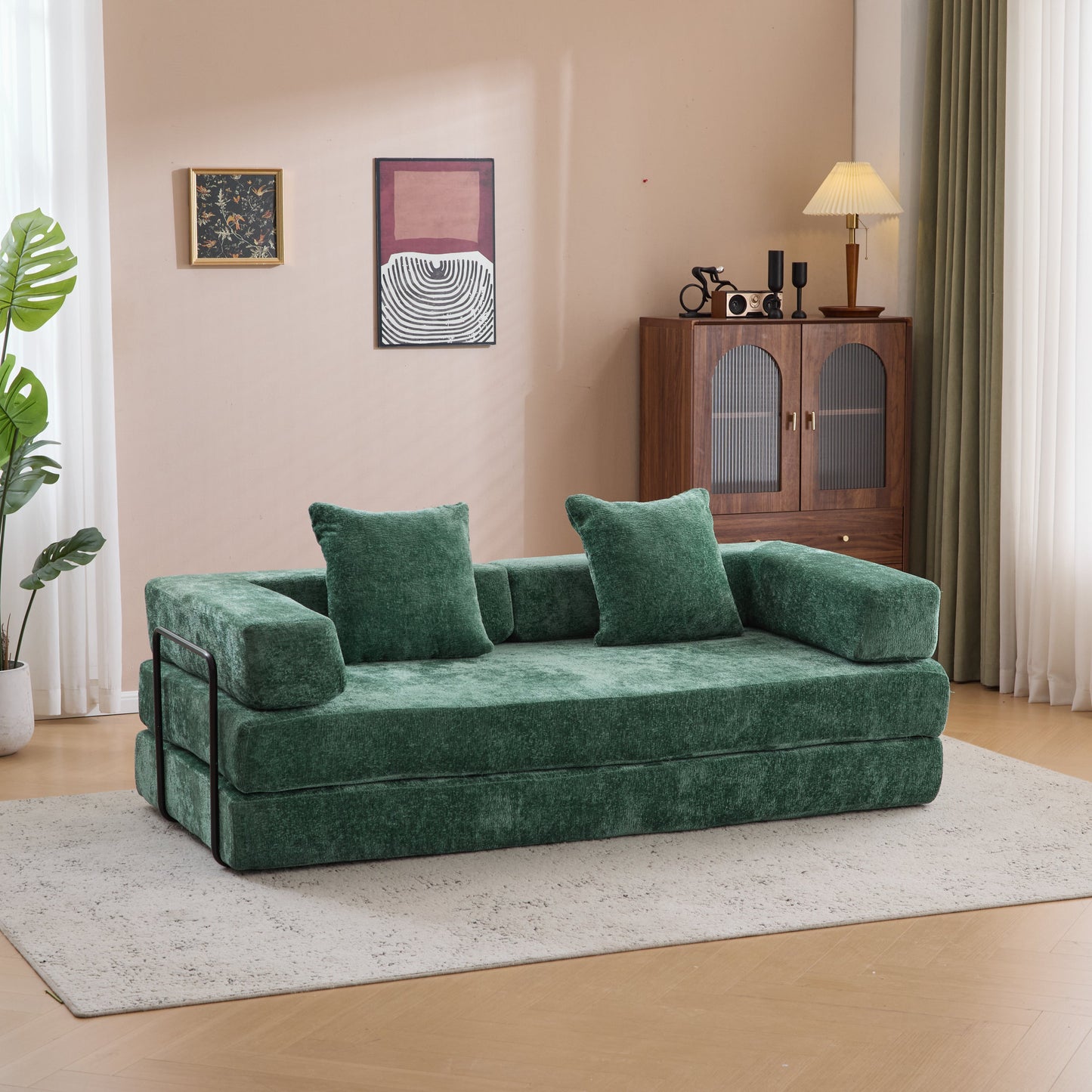 NEW Dark Green Chenille Fabric Floor Compression Convertible Sofa Bed