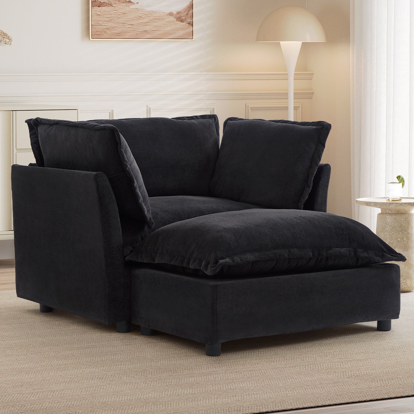 NEW Modern Armchair Sofa 47' Cozy Upholstered Sofa Chair with Movable Ottoman, Black Chenille, Wide Seat & Curved Armrests