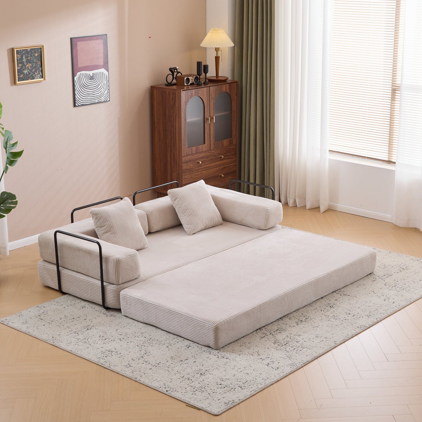 NEW Floor Compression Convertible Comfy Futon Lounge Sleeper Bed Floor Couch Sofa Bed with Pillow Back Support Armrest in Light Gray Corduroy Fabric