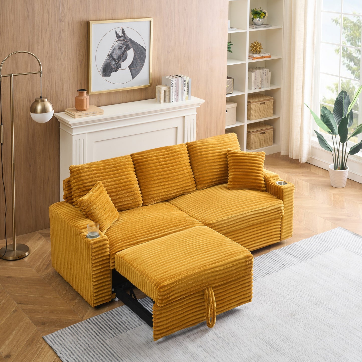NEW Orange Corduroy Fabric 80 inch Two-in-One Pull-Out Sofa Foldable and Hidden Reclining Function