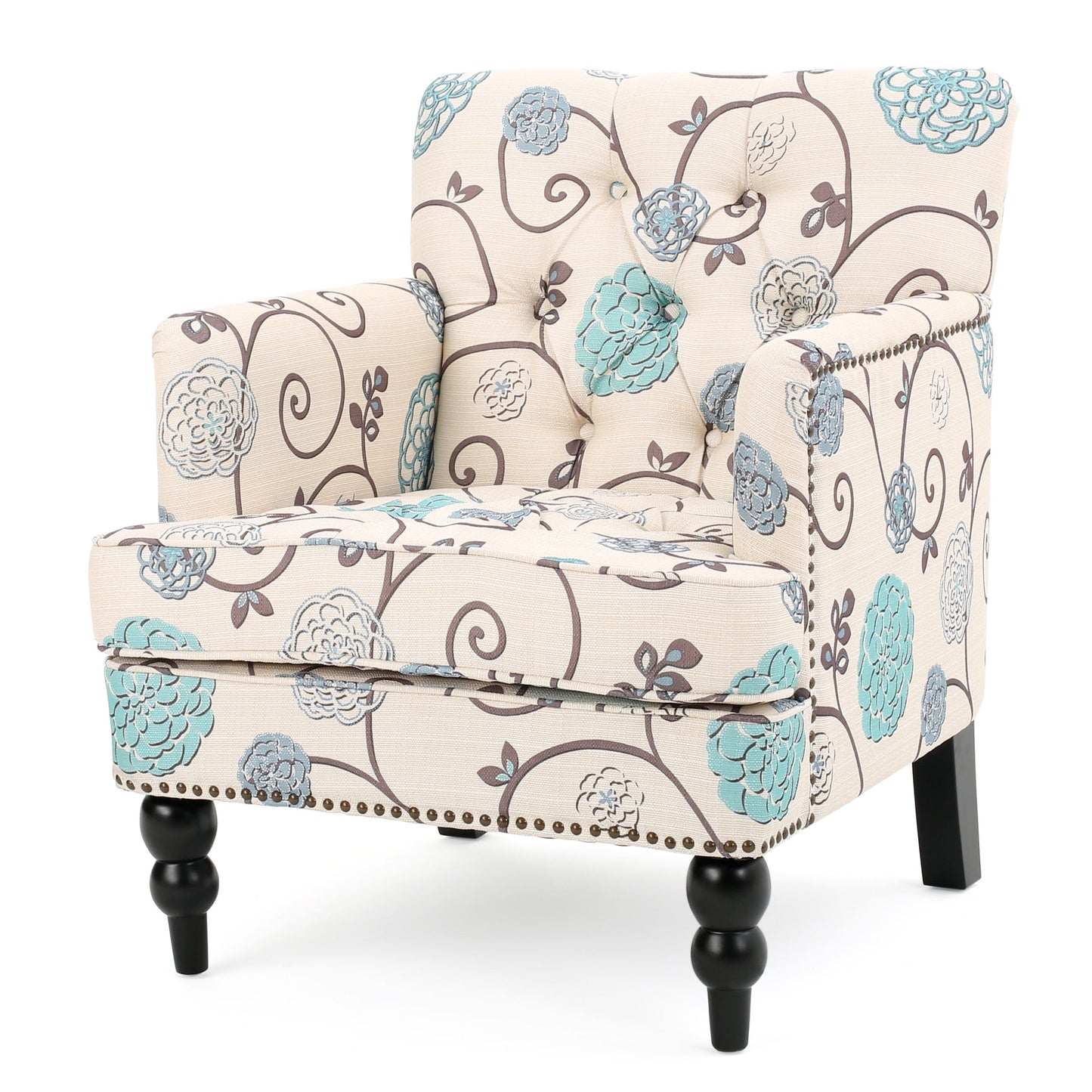 NEW Blue and White Vitality Club Chair with Button-Tufted Diamond Stitching and Turned Legs