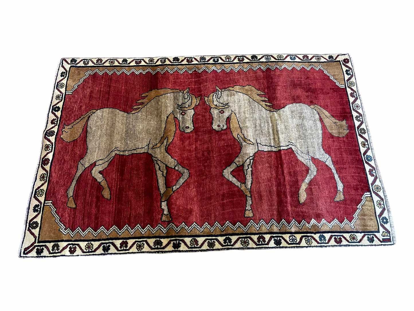 USED 4 X 6 Handmade Hand-Knotted New Vintage Rug Wool Horses Red Organic Dyes Tribal