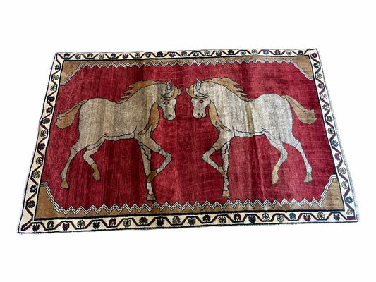 USED 4 X 6 Handmade Hand-Knotted New Vintage Rug Wool Horses Red Organic Dyes Tribal