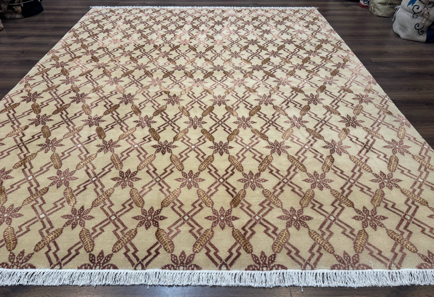 USED Tibetan Rug 8x10, Wool with Silk Highlights, Beige and Maroon, Contemporary Carpet
