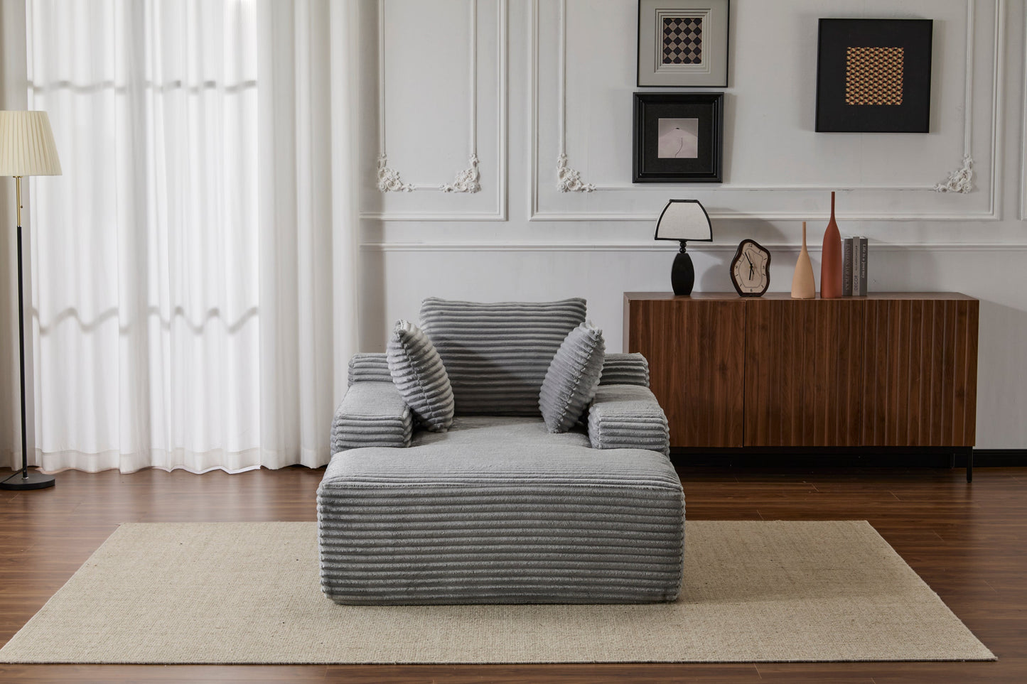 NEW Grey Oversized Chaise Lounge Chair Cozy Cloud Couch Modern Plush Corduroy Upholstered Sleeper Sofa Daybed with 3 Throw Pillows and Wide Armrest