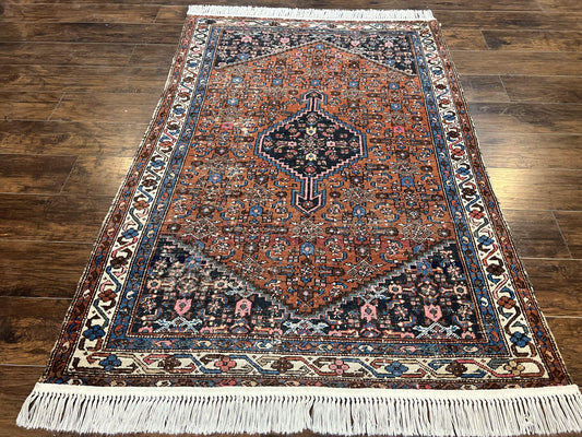 USED.Red Persian Hamadan Rug 4x6, Wool Handmade Antique Carpet, Geometric Medallion Rug, Oriental Rug 4 x 6, Persian Tribal Rug, Hand Knotted Rug