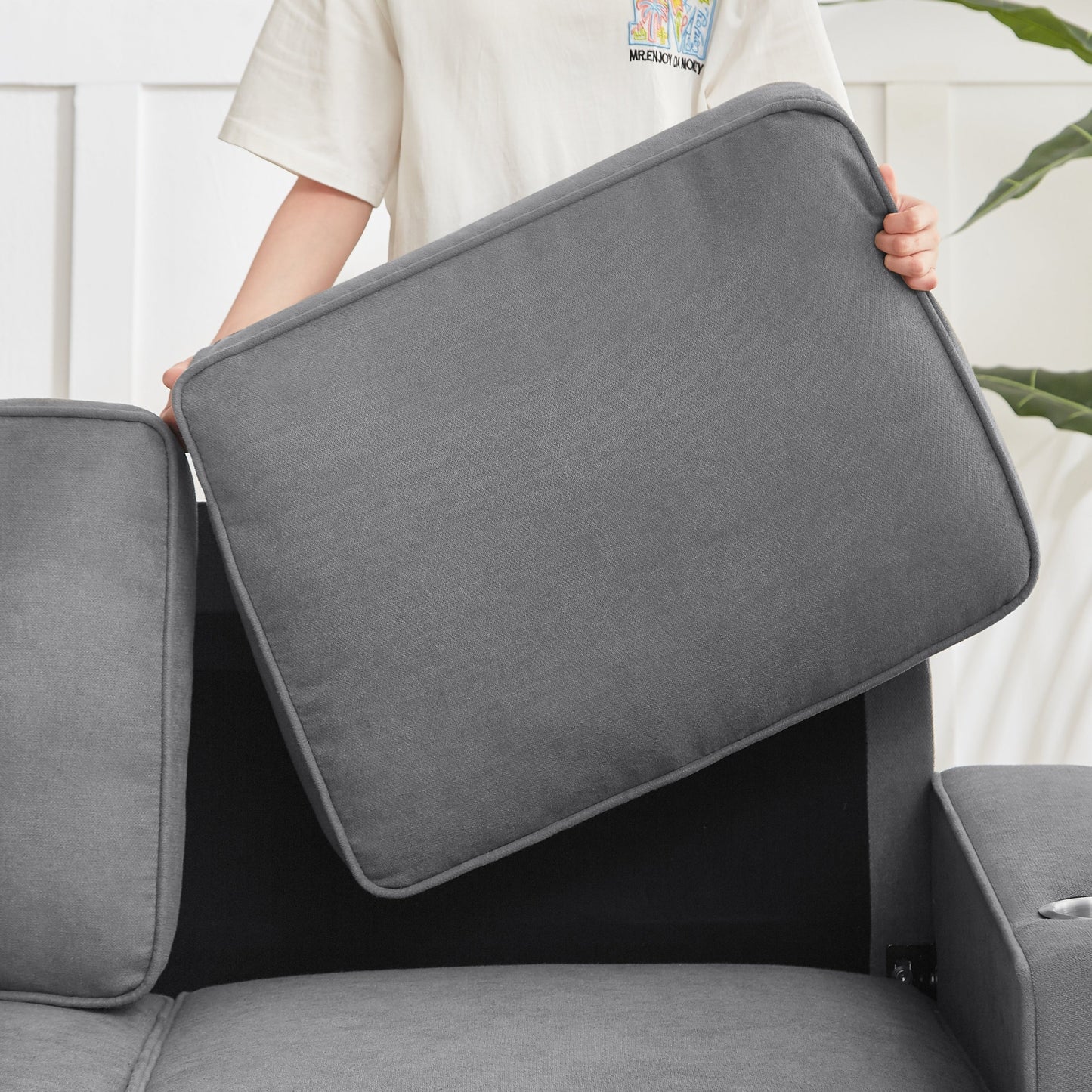 NEW Modern Snow Fleece Fabric 3-Seater Sofa with Cup Holders in Gray