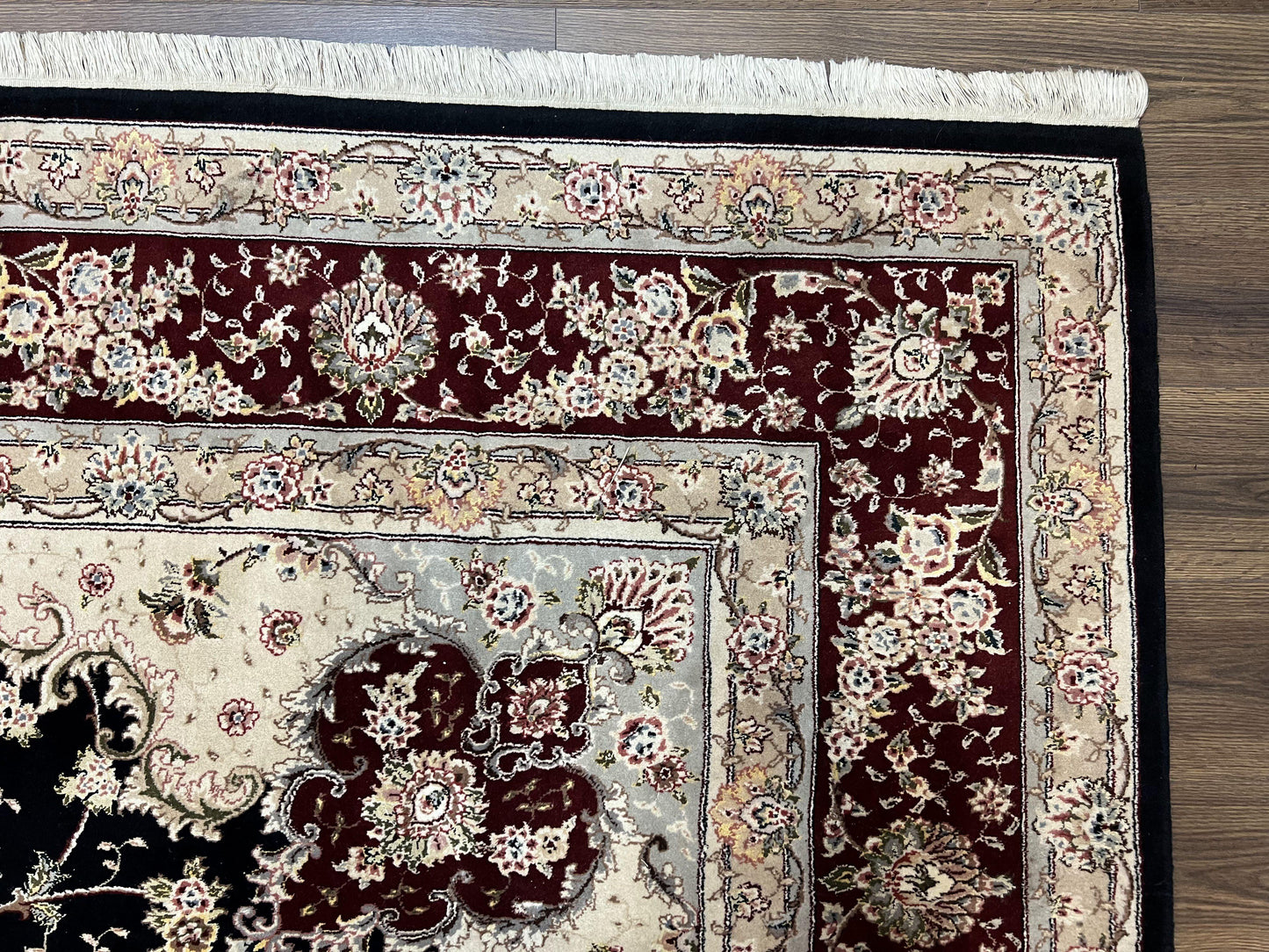 USED Pak Persian Rug 8.8 x 10.6, Floral Medallion, Wool and Silk Hand Knotted Fine Oriental Carpet, Elegant Rug, Black Gray Burgundy, Room Sized