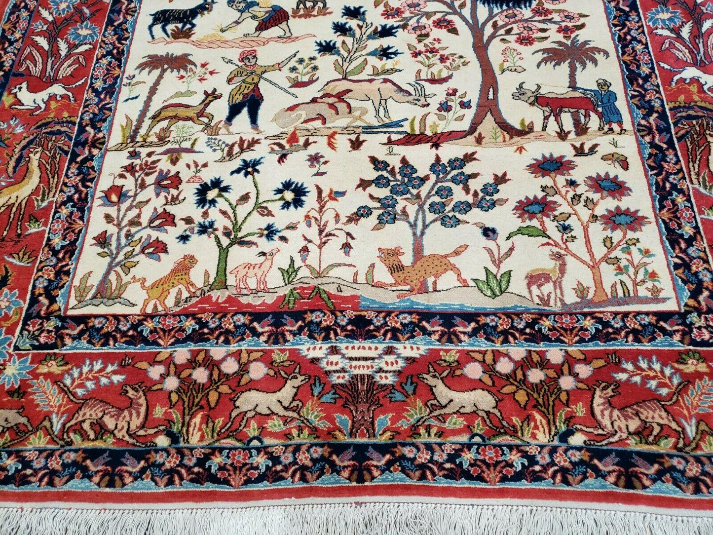 USED Antique Persian Isfahan Rug 5x7, Animal and Human Pictorials, Hand Knotted Fine Oriental Wool Carpet, Cream and Red, High KPSI, Vintage Rug 5 x 7 ft