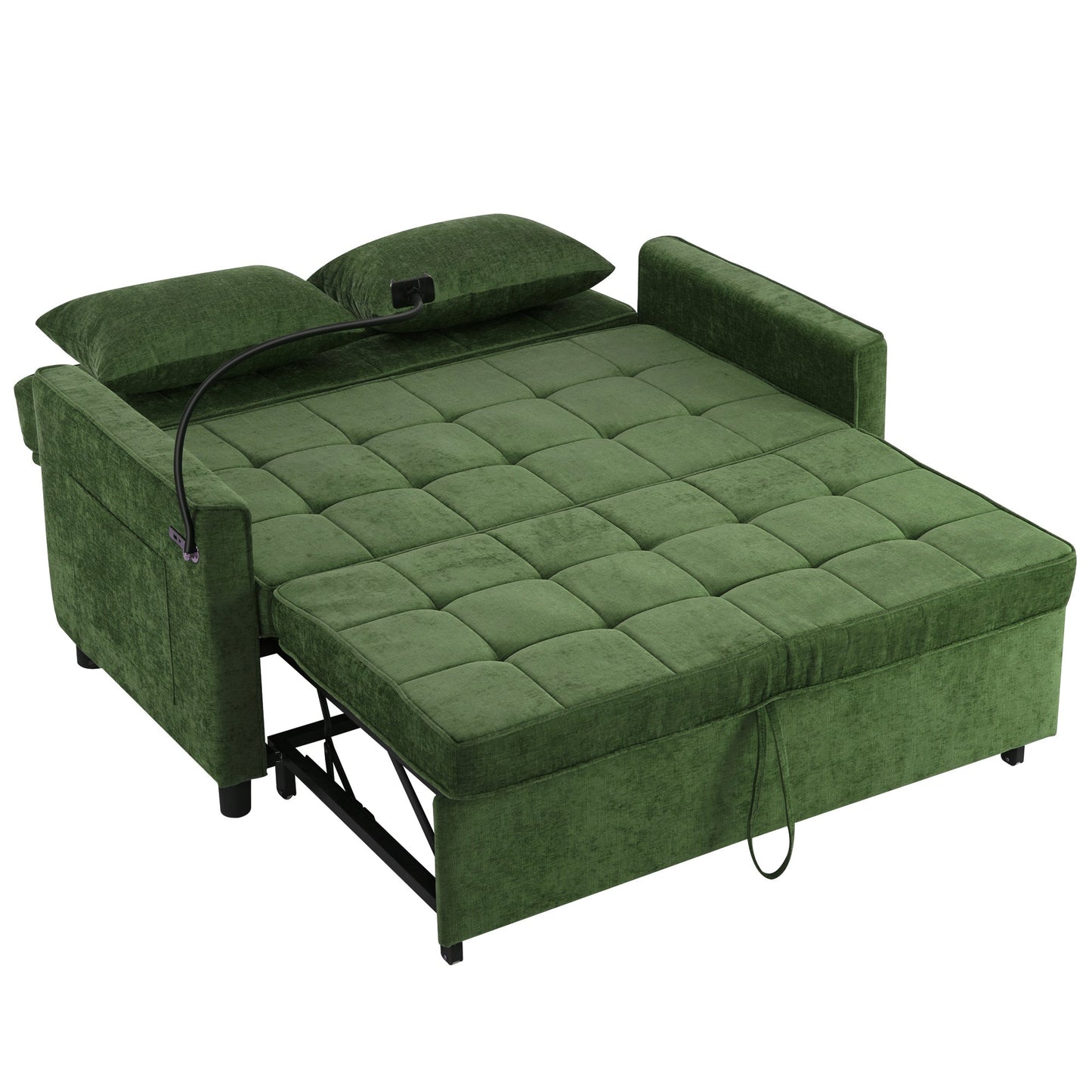 NEW 56.9' Convertible Loveseat Sofa Bed with Adjustable Backrest, USB Ports, Phone Holder, Side Pockets, Green Chenille,