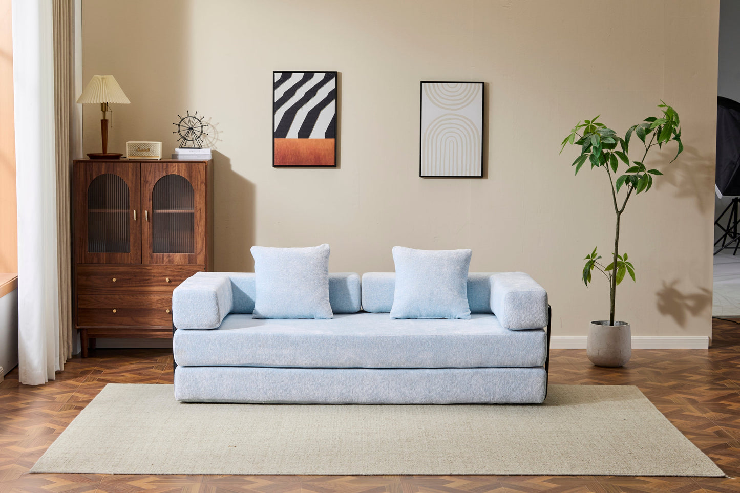 NEW Light Blue Chenille Fabric Floor Couch Compression Convertible Sofa Bed with Pillow Back Support Armrest Comfy Futon Couch Lounge Sleeper Bed