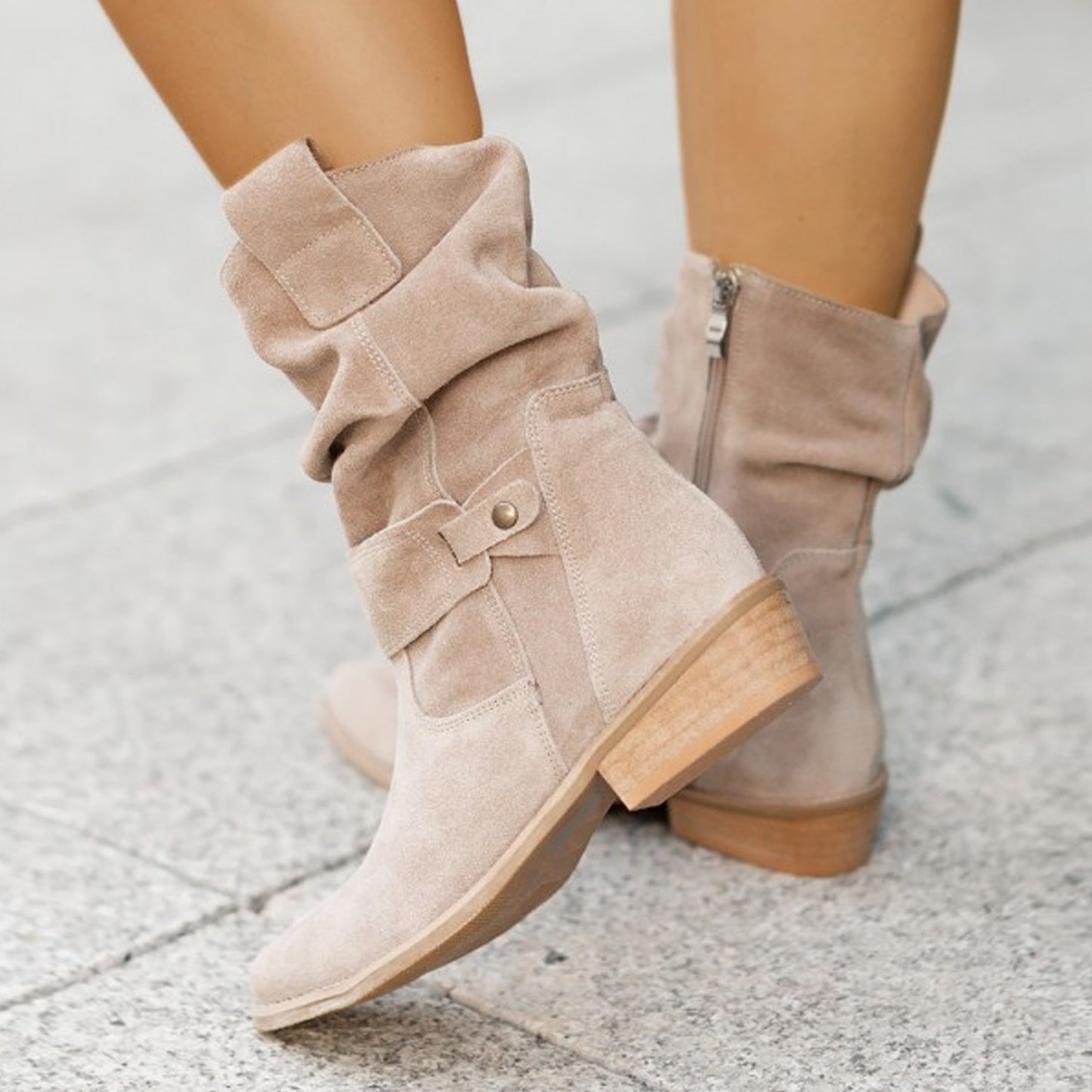 New Ins Pointed Toe Mid-calf Boots Fashion Suede Zipper Western Boot Winter Shoes For Women