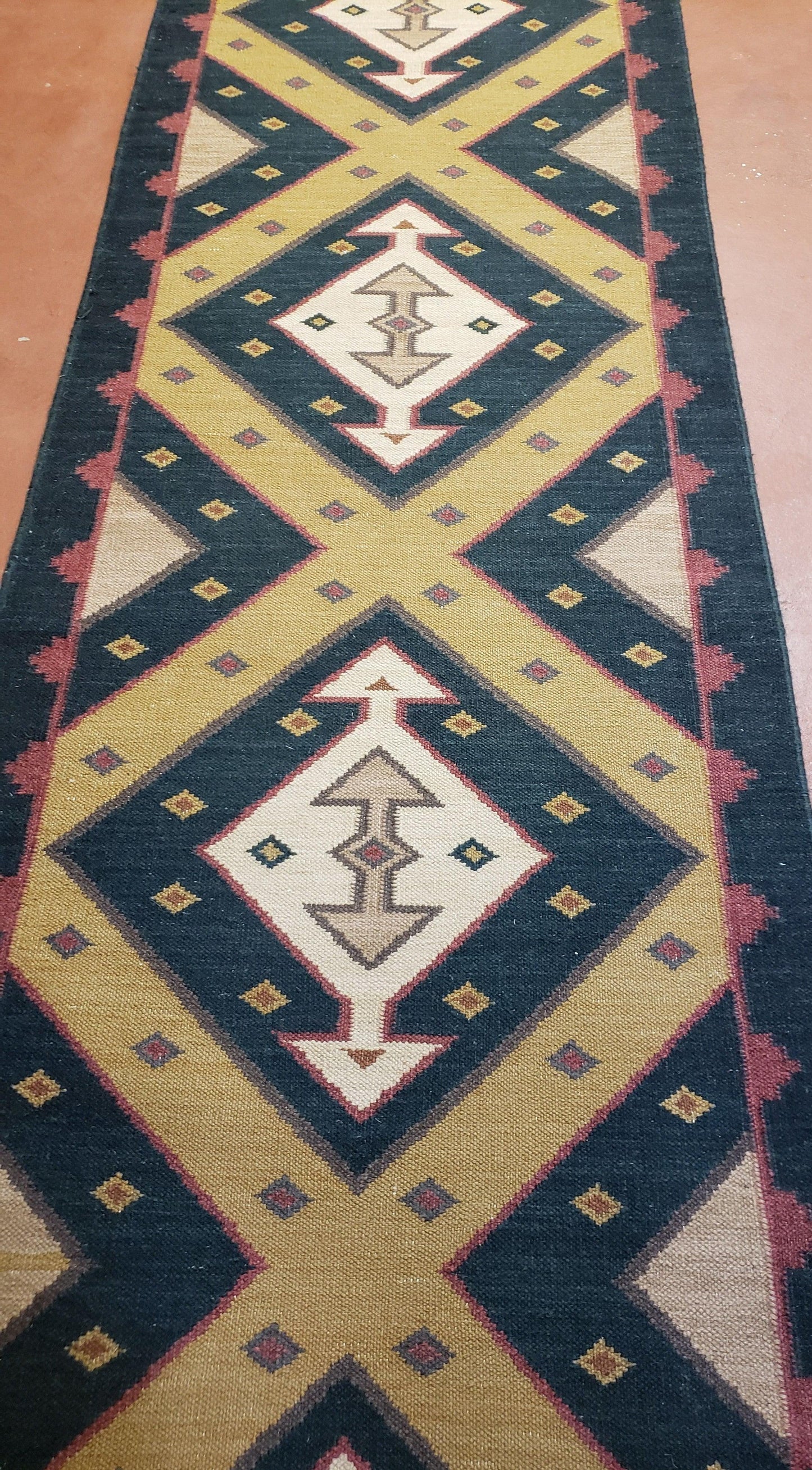 USED Vintage Indian Kilim Runner Rug, Geometric Flatweave Hand-Knotted Wool Kitchen Hallway Runner, Black Gold & Beige, 2' 8" x 9' 9"