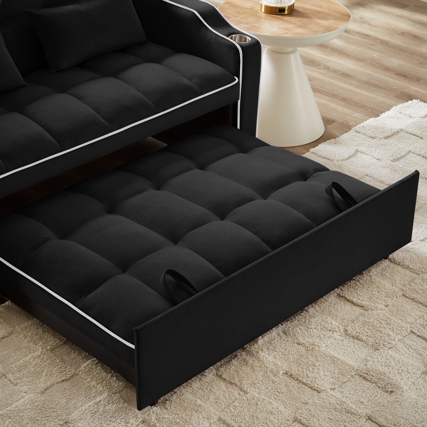 NEW 1 versatile foldable sofa bed in 3 lengths, modern sofa sofa sofa velvet pull-out bed, adjustable back and with USB port and ashtray and swivel phone stand (black)