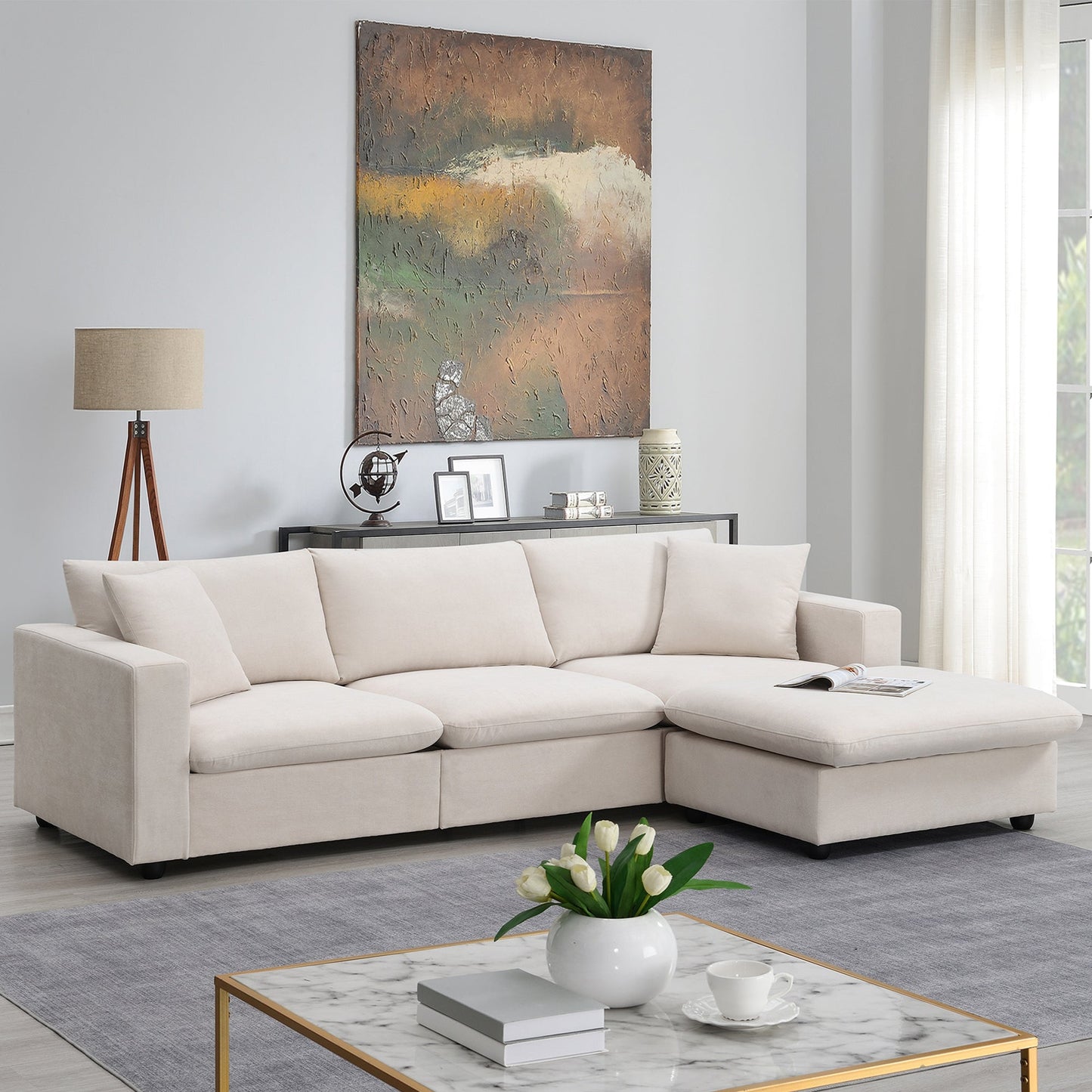 NEW Modern Sectional Sofa with Movable Ottoman and Throw Pillows