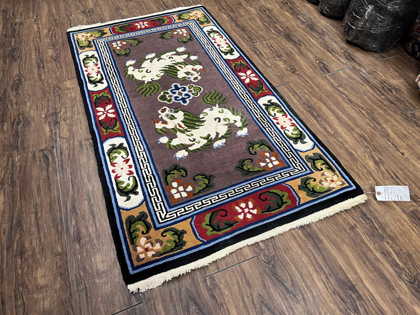 USED Chinese Art Deco Rug 3 x 5.5 with Animal Pictorials, Vintage Chinese Peking Wool Area Rug, Dark Puce Maroon Ivory, Hand Knotted Soft Carpet