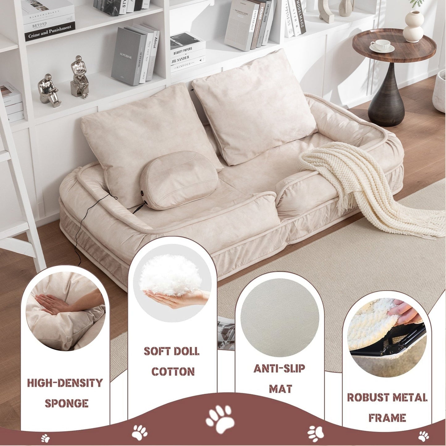 NEW 5 Adjustable Position Beige Velvet with Foam and Iron Upholstered Dog Bed for Adults and Pets - Bean Bag Floor Sofa with Massage Pillow & 2 Soft Pillows