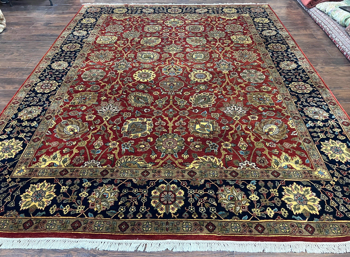 USED Indo Persian Rug 9x12, Hand Knotted Traditional Indian Wool Oriental Carpet 9 x 12 ft, Maroon and Navy Blue, Floral Allover 9x12 Vintage Rug